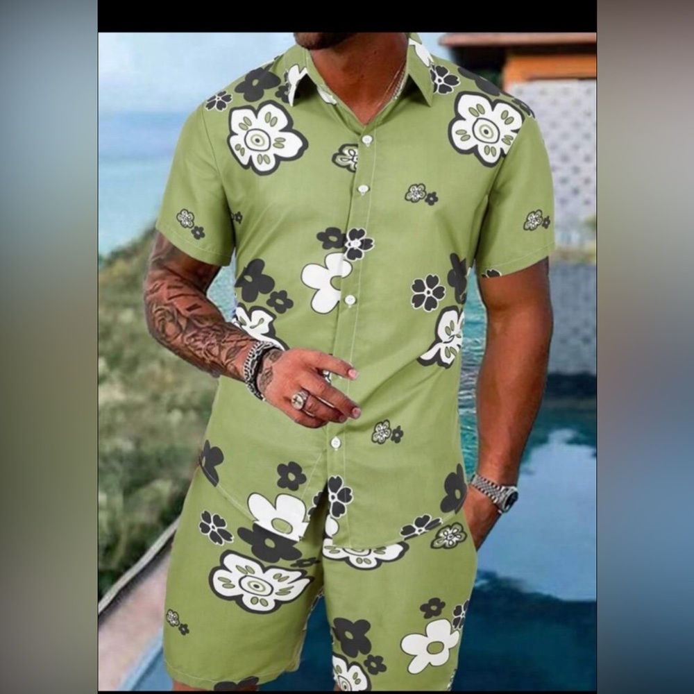 Floral Green Short Sleeve Shirt and Shorts Set